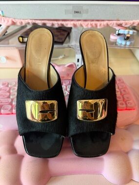 Gucci Black Open-Toe Mule Heels with Gold Accent